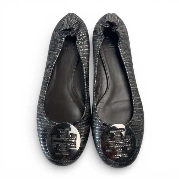 TORY BURCH Reva Lizard Metallic Black and Silver Leather Ballet Flats 8.5